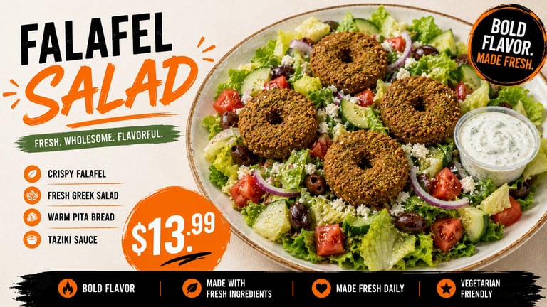 Falafel salad advertisement showing crispy falafel on fresh greens with tahini sauce for $13.99