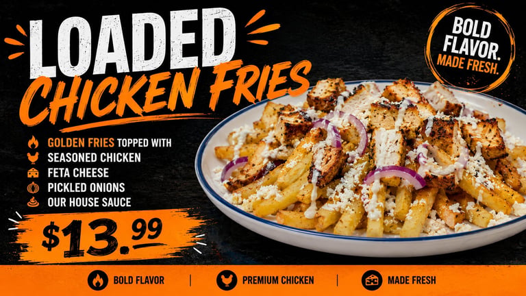 Loaded Chicken Fries dish with golden fries, seasoned chicken, feta cheese, pickled onions, and house sauce for $13.99