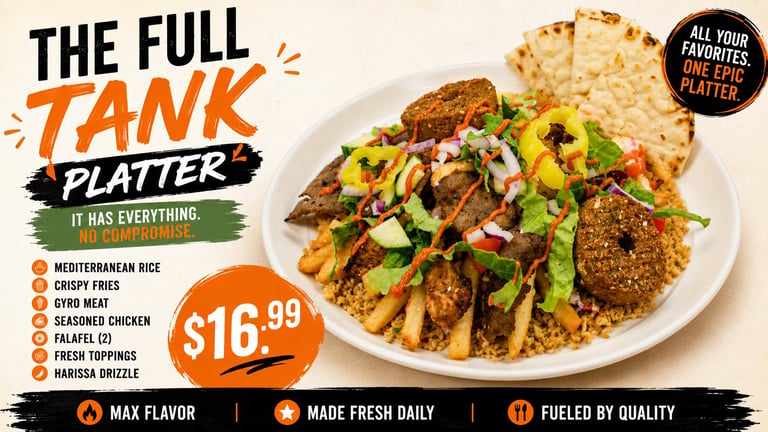 Full Tank Platter with seasoned chicken, crispy fries, gyro meat, and fresh toppings on white plate for $16.99